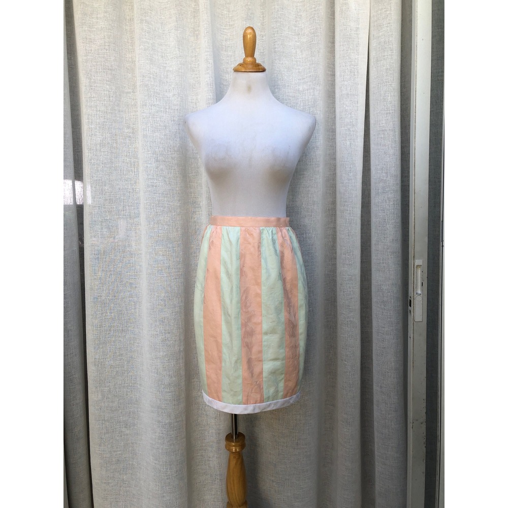 1990 blush pink and light blue vertical stripe floral brocade pencil skirt